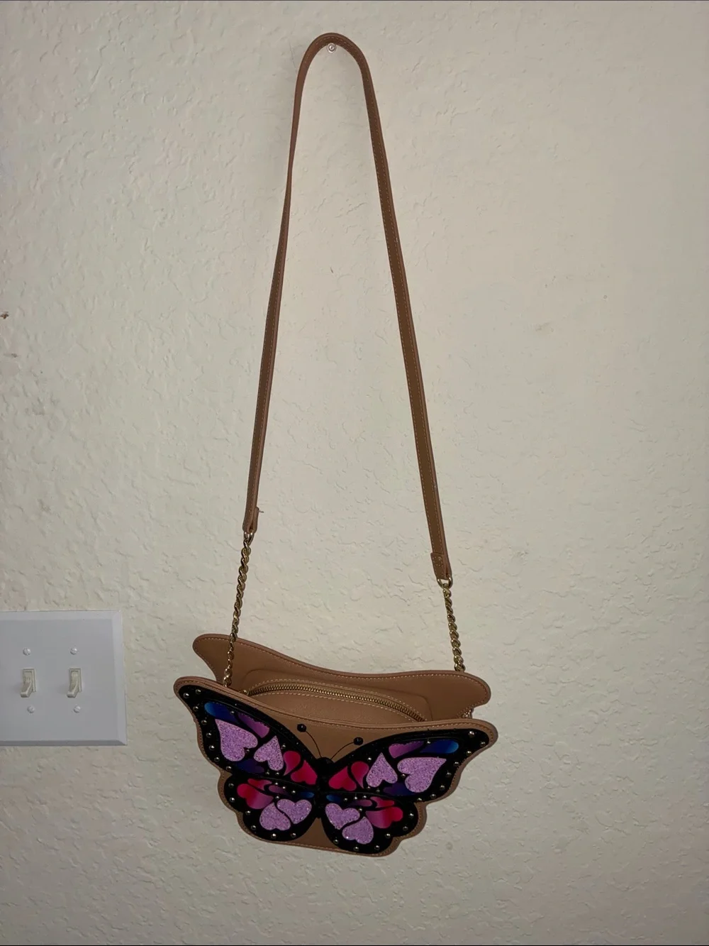 Betsey Johnson Tan Crossbody Bag with Purple, Pink and Blue Butterfly